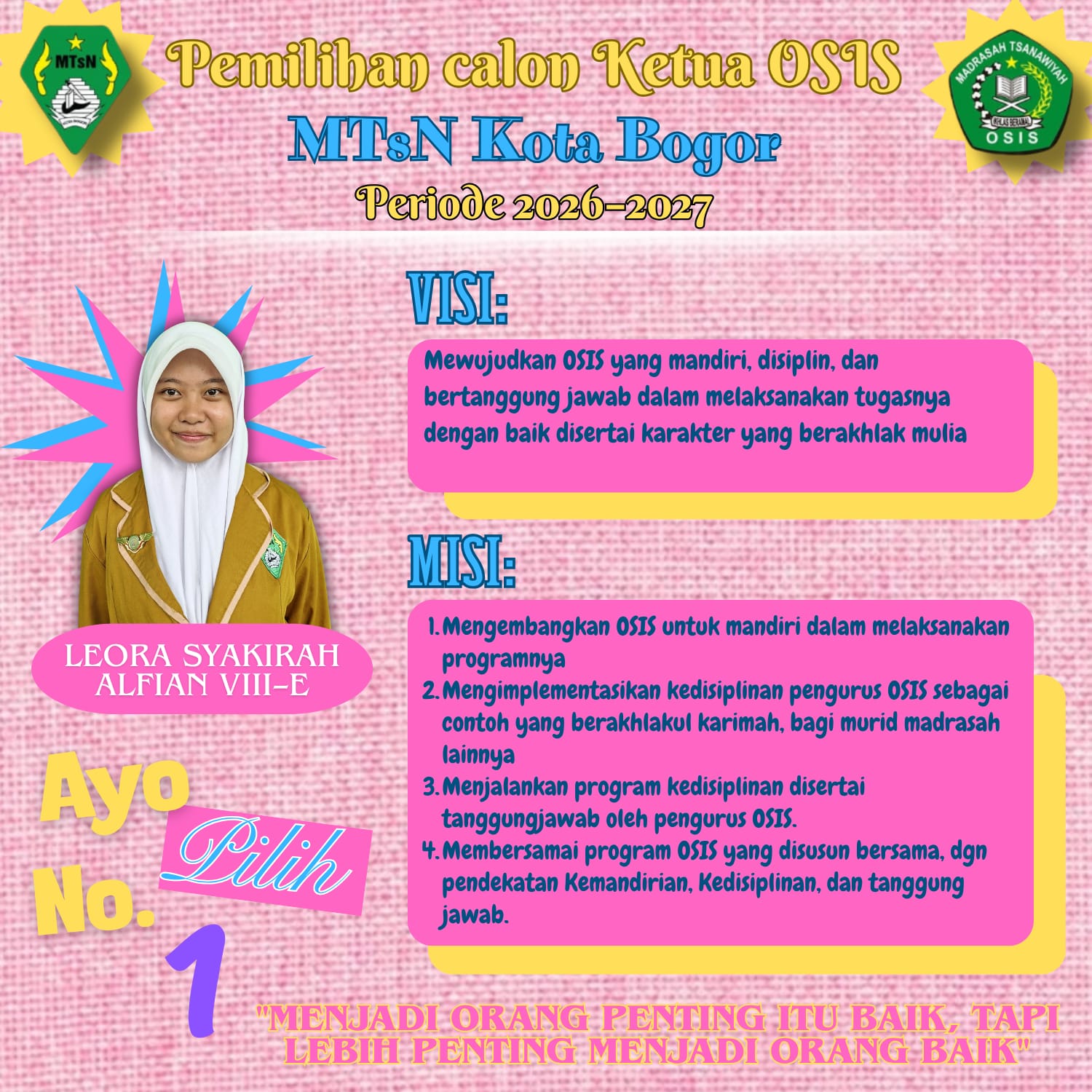 Foto kampanye pasangan calon nomor urut 1: LEORA SYAKIRAH ALFIAN